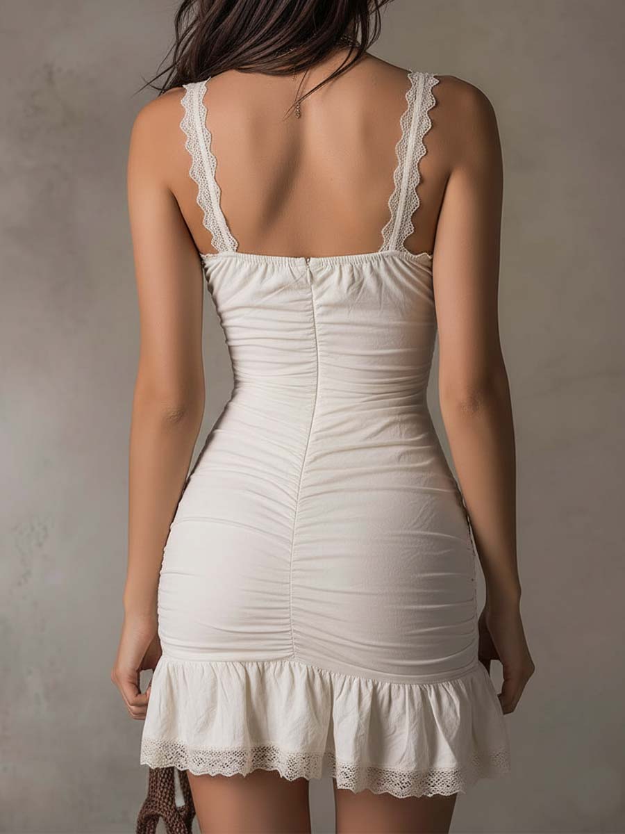 Boho Vintage Lace-Trim Ruched Cotton Mini Dress