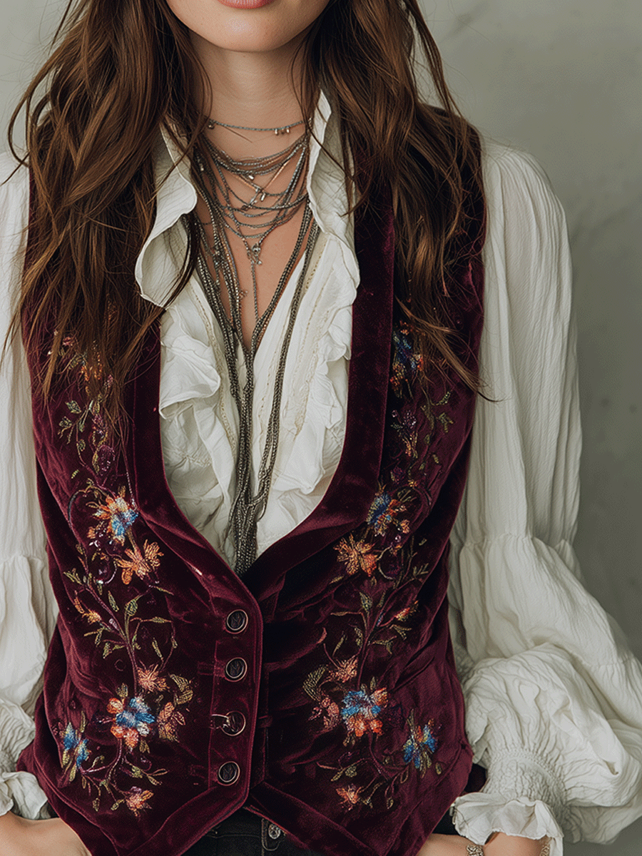 Burgundy Embroidered Velvet Vest