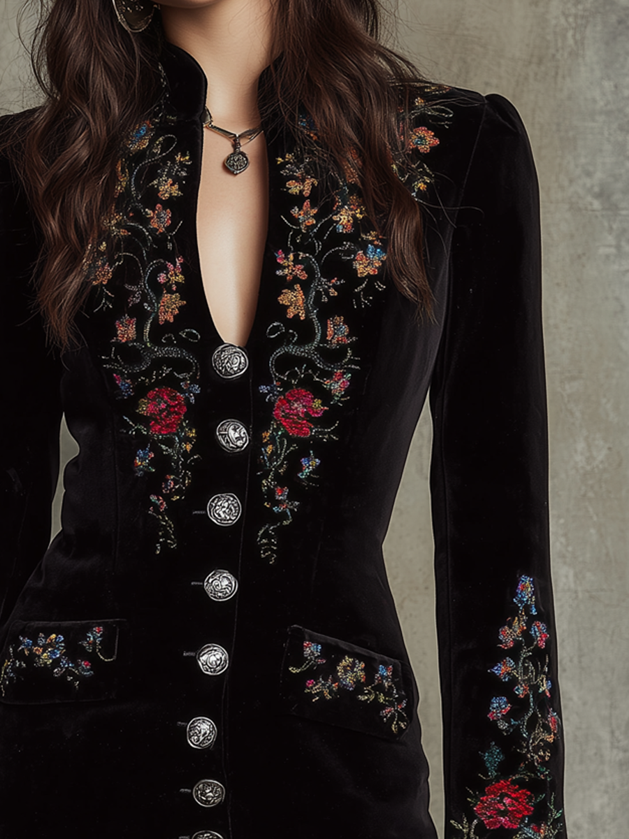 Retro Stand V Neck Embroidered Polyester Velvet Slim Mini Dress