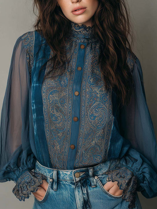 Vintage Bohemian Chiffon Printed Blouse With Lace Trim