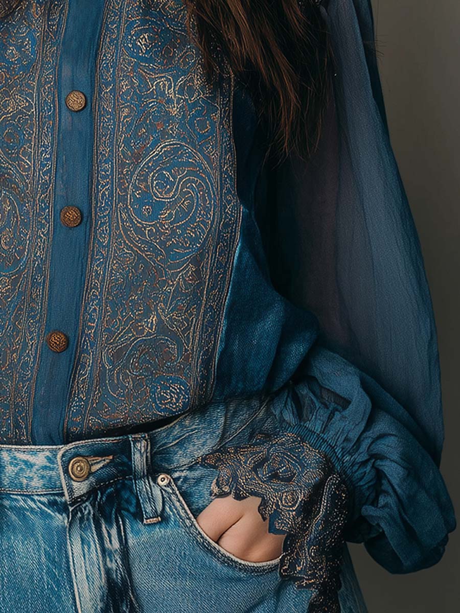 Vintage Bohemian Chiffon Printed Blouse With Lace Trim