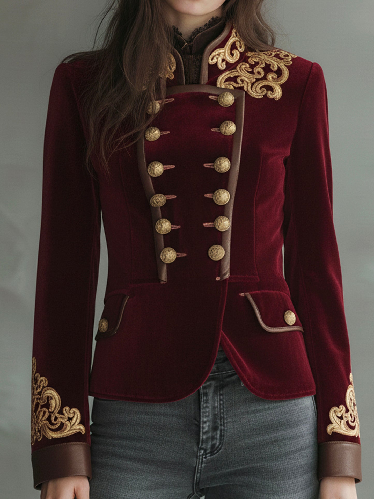 Retro Burgundy Embroidered Military Blazer With Brown Trim