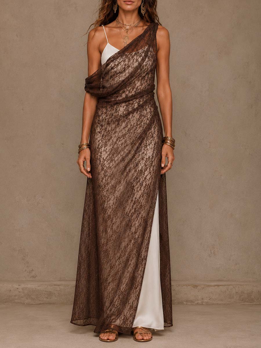 Asymmetrical Draped Sheer Tencel And Lace Maxi Dress Two Piece Set