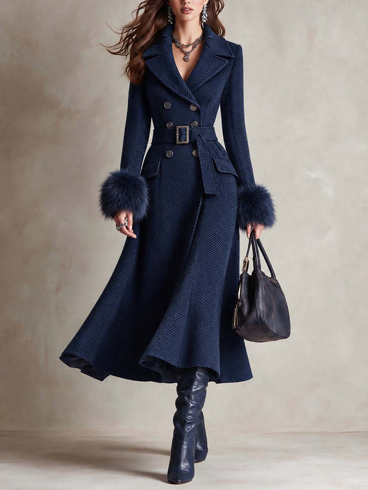 Elegant Belted Chenille Herringbone Long Coat With Detachable Fur Cuffs