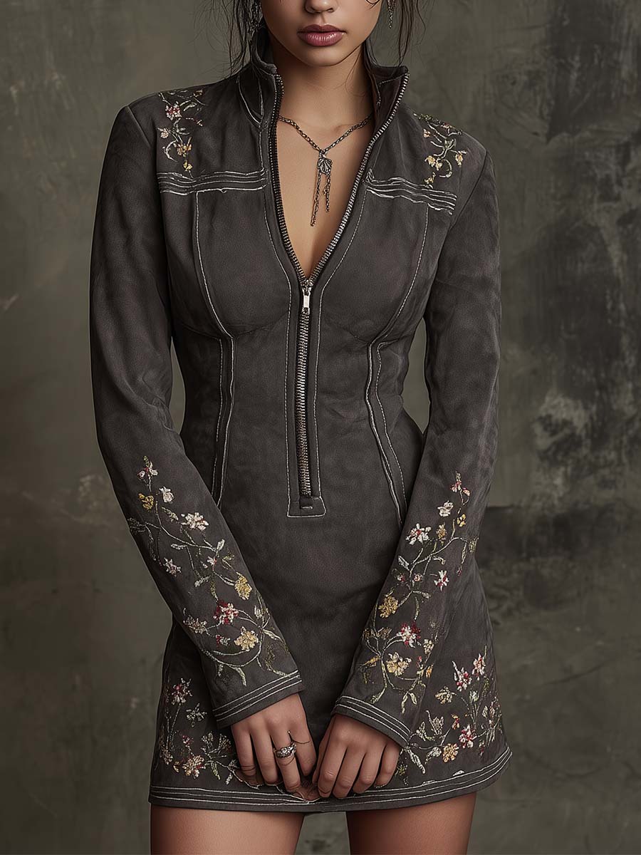 Charcoal Gray Embroidered Zip-Up Suede Mini Dress