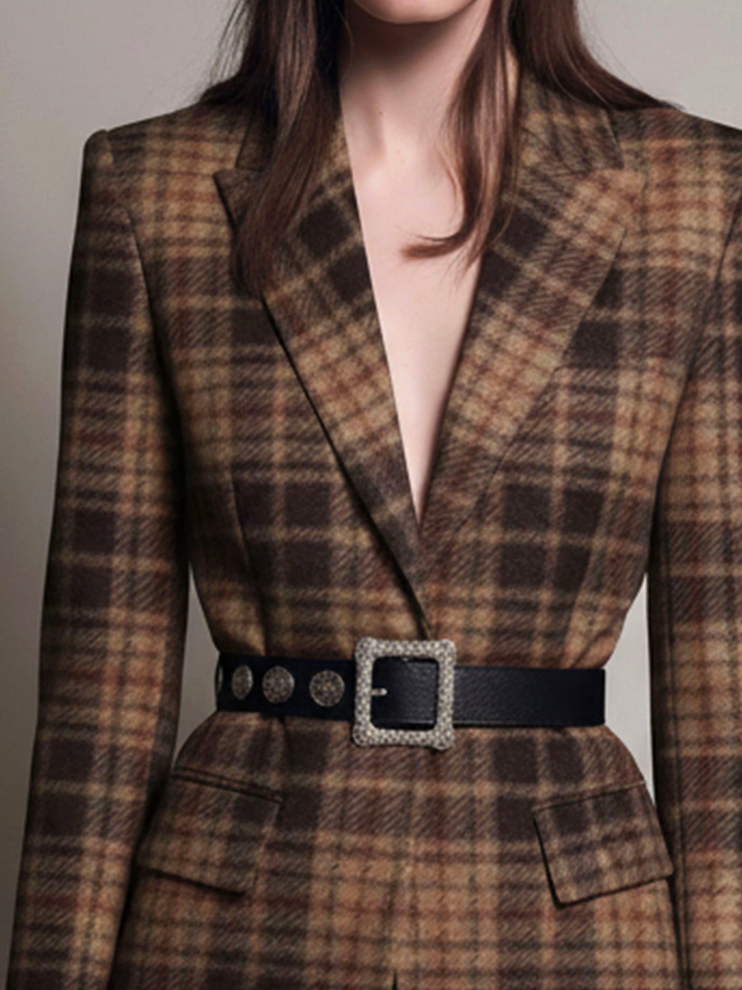 Classic Brown Plaid Woolen Structured Blazer
