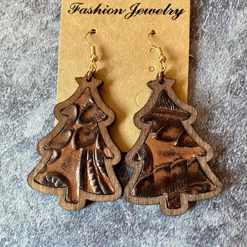 Xmas Tree Wood Bezel Cheetah Print Genuine Leather Christmas Earrings