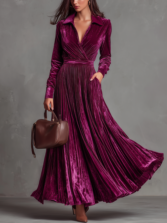 Retro Cross V-neck Pleated Velvet Maxi Dress