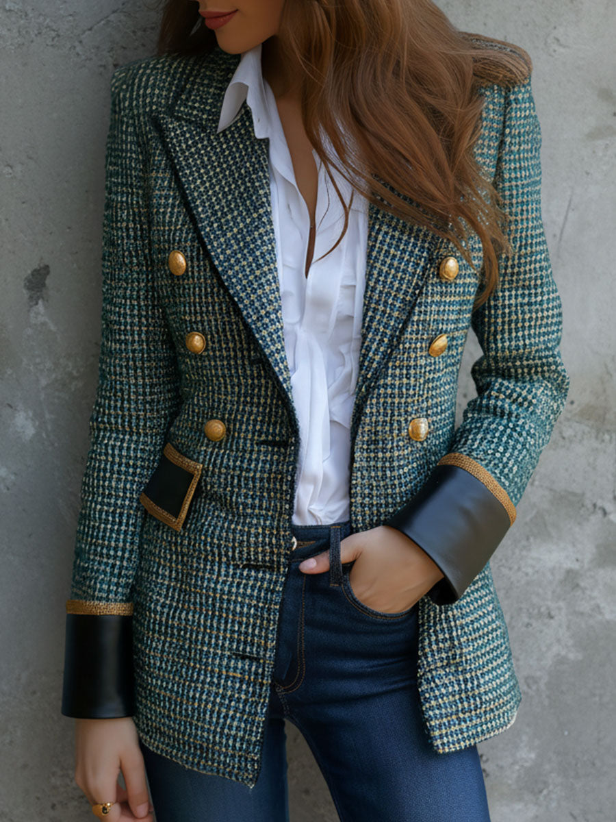 Elegant Double-Breasted Leather Trim Tweed Blazer