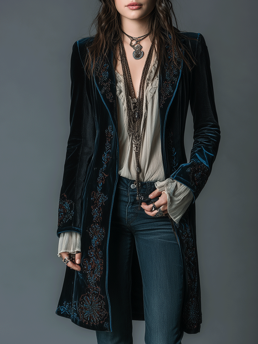 Vintage Navy Velvet Tailored Boho Embroidery Coat