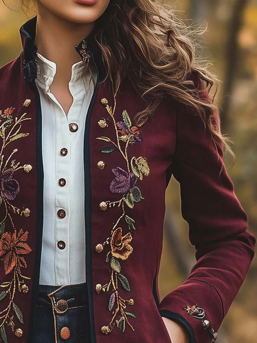 Vintage Slim-fit Stand Collar Floral Embroidered Jacket