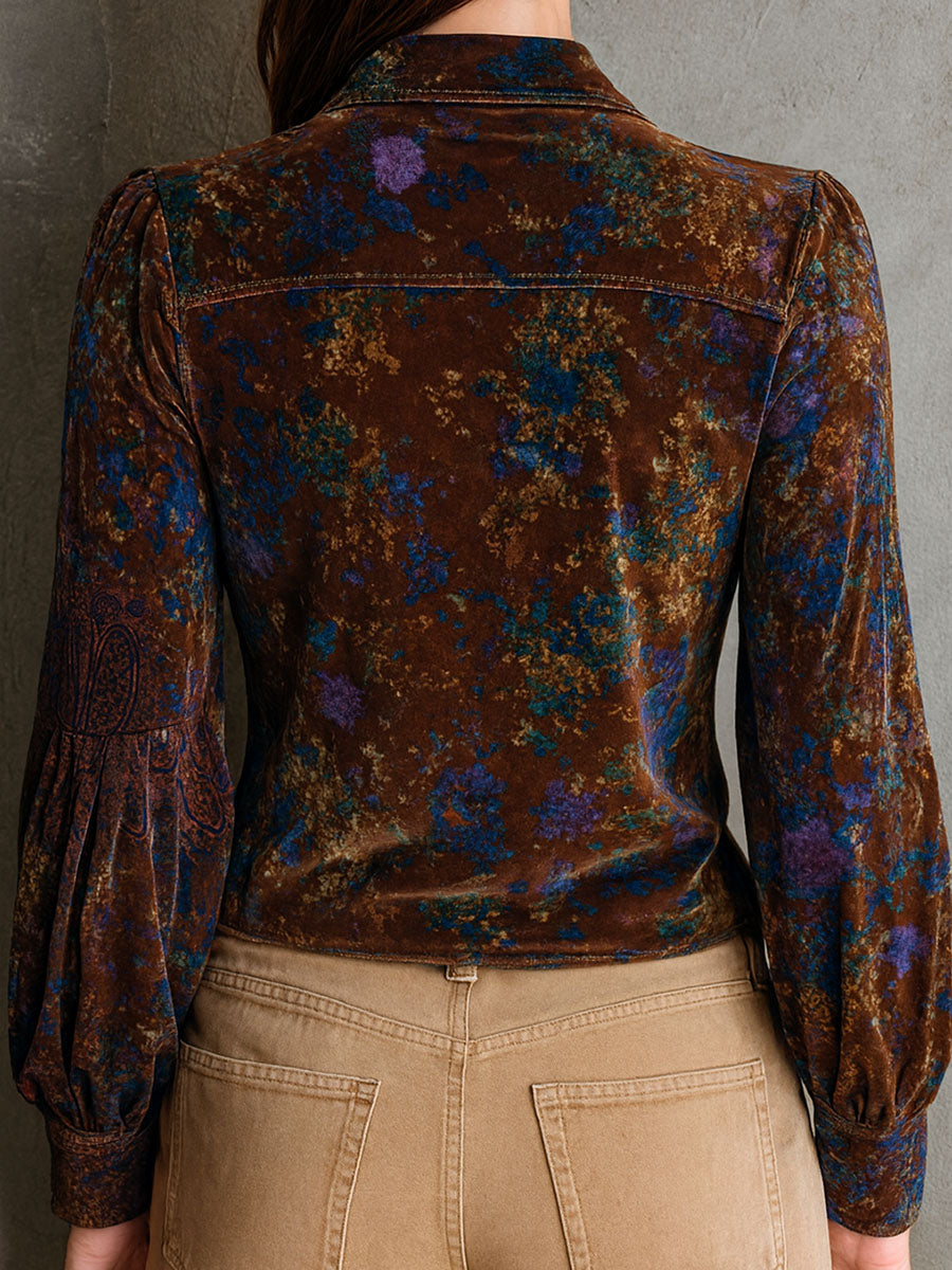 Chic Boho Floral Print Velvet Blouse With Ruffle Trim