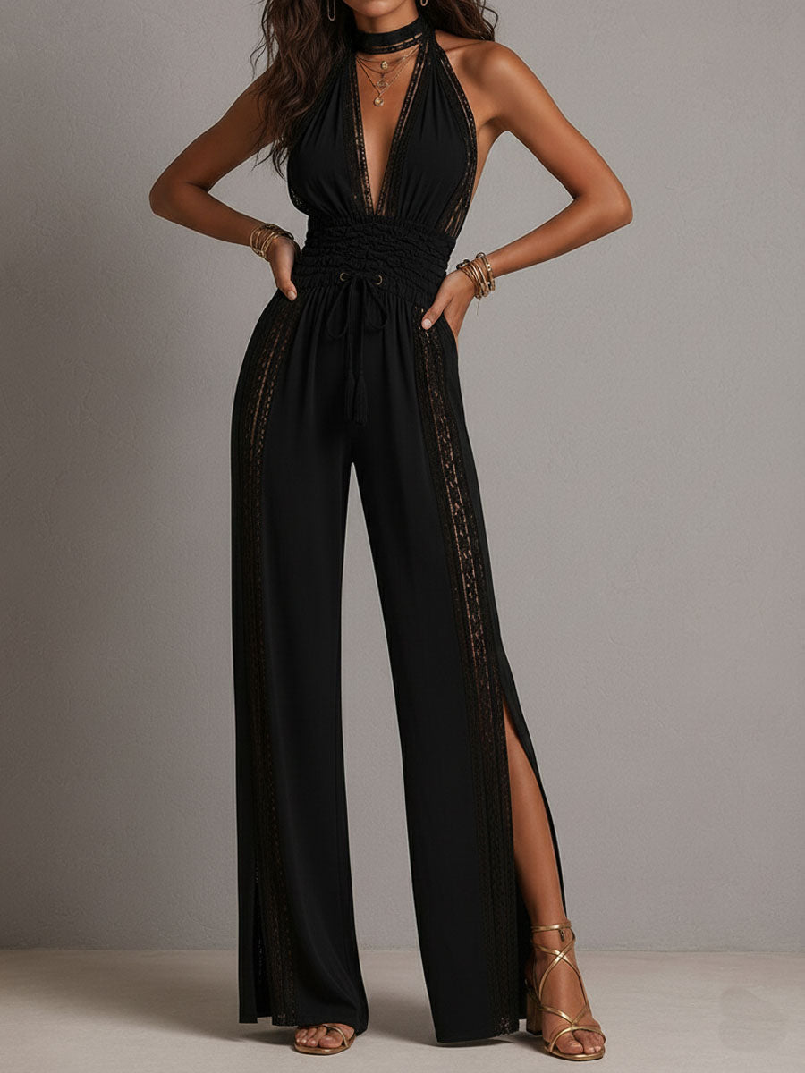 Black Halter Lace Jumpsuit – Deep V Smocked Waist Wide-Leg One-Piece