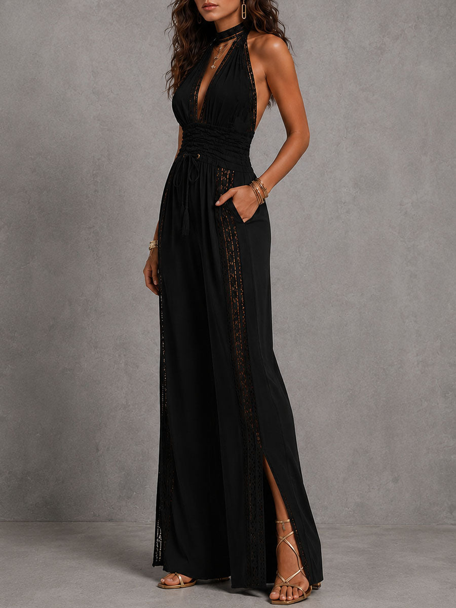 Black Halter Lace Jumpsuit – Deep V Smocked Waist Wide-Leg One-Piece
