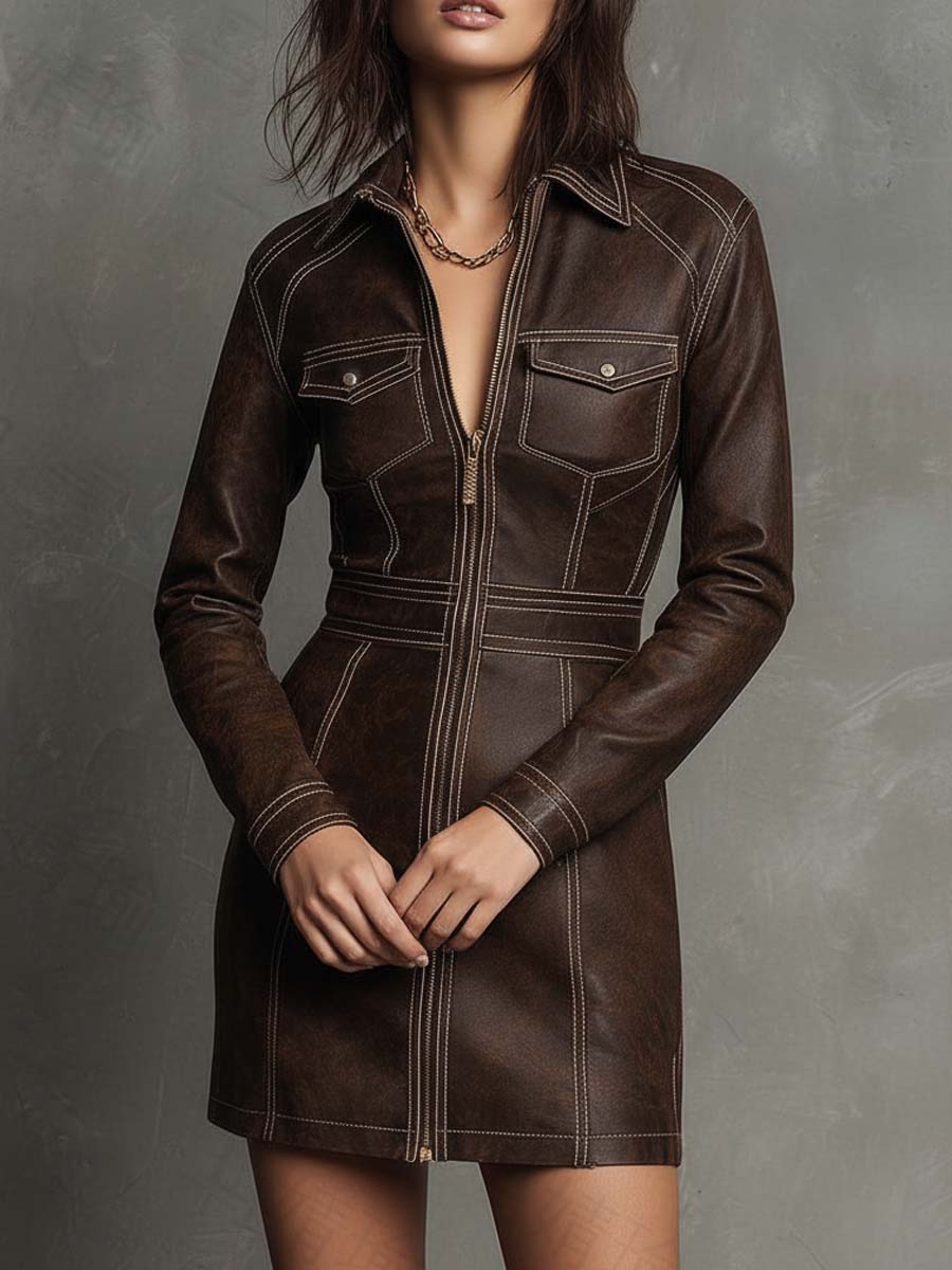 Western-Inspired Zip Front Eco-Leather Dress – Coffee Brown