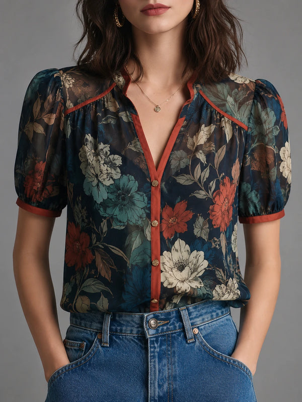 Vintage Botanical Puff Sleeve Blouse