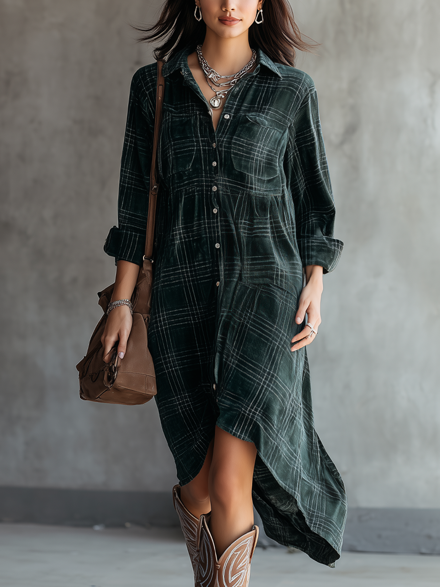 Vintage Polyester Suede Plaid Midi Dress