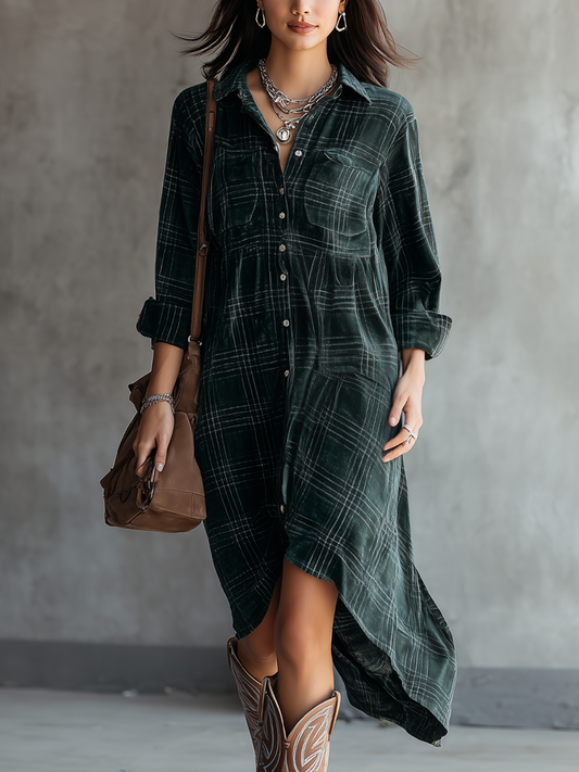 Vintage Polyester Suede Plaid Midi Dress