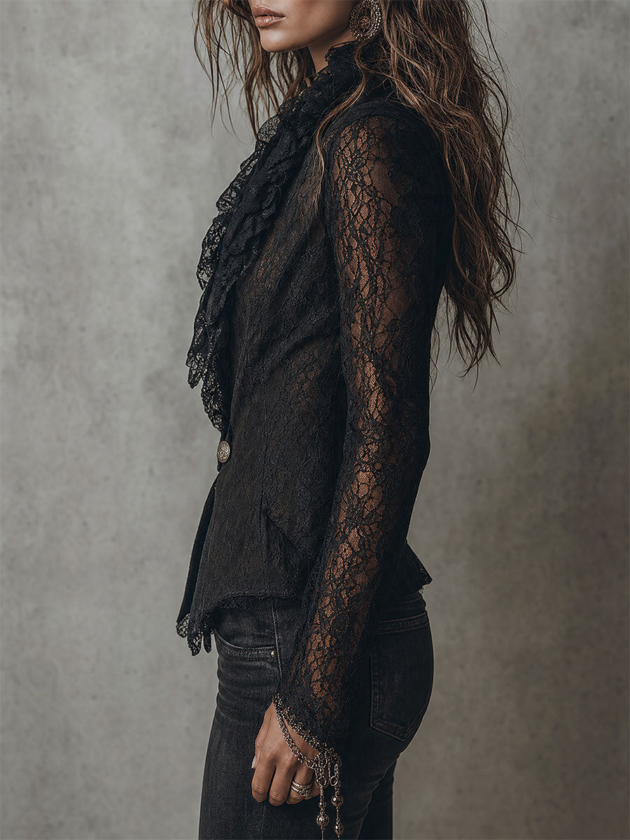 Elegant Single-button Slim-fit Blazer With Lace Ruffle Trim