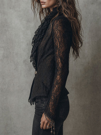 Elegant Single-button Slim-fit Blazer With Lace Ruffle Trim