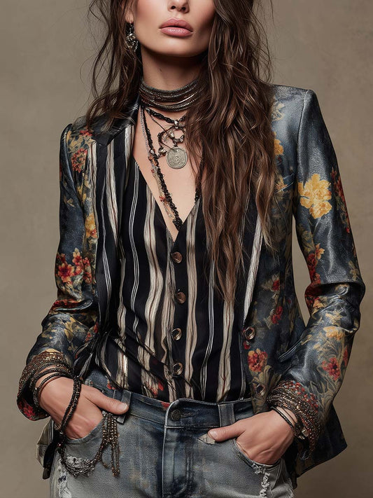 Floral Satin Print Tailored Blazer