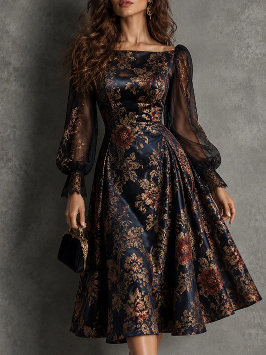 Navy Floral Sheer-Sleeve Midi Dress