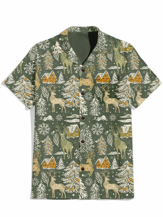 Snowy Village Celebration - 100% Cotton Cuban Collar Shirt
