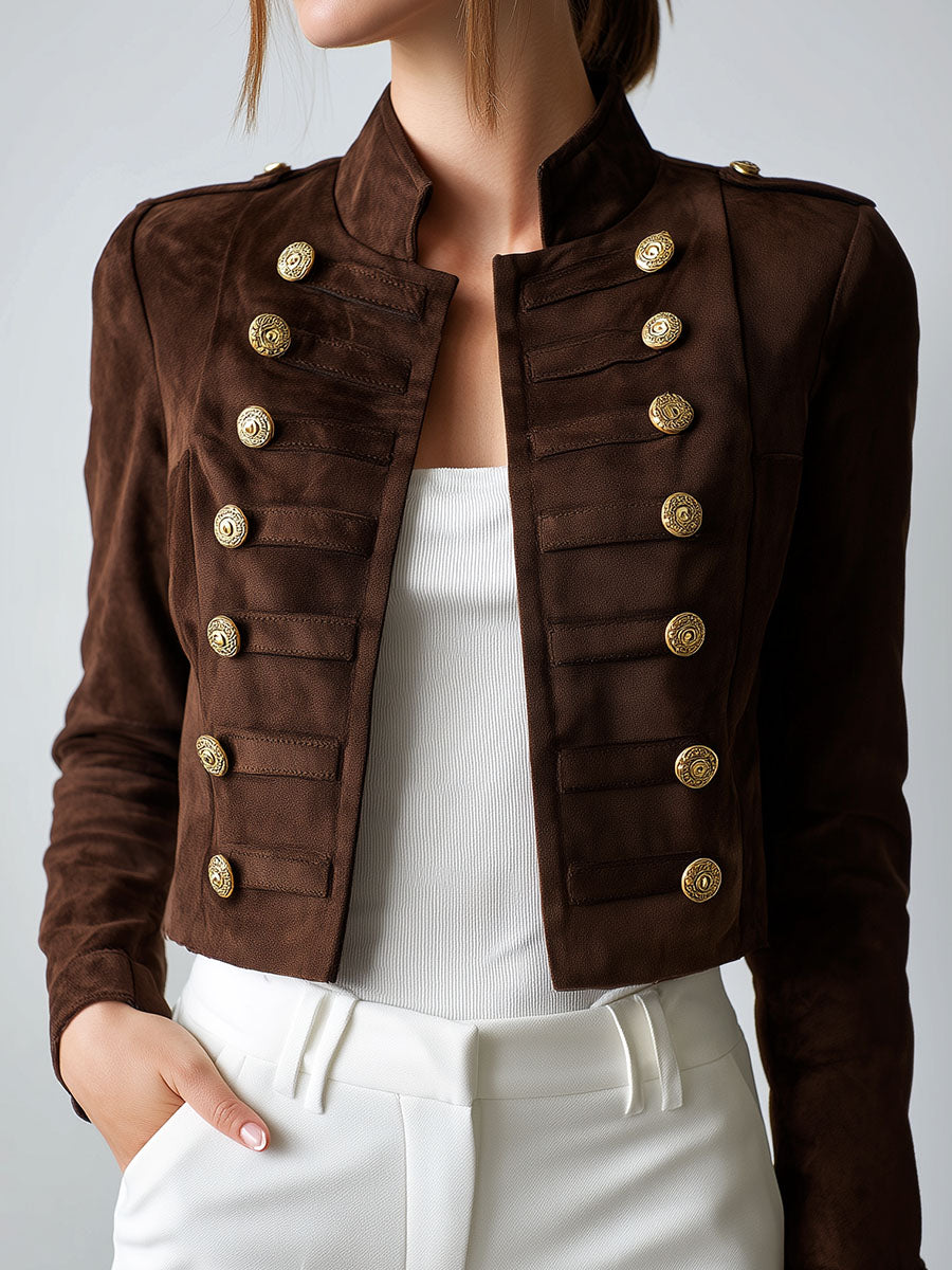 Vintage Military-Style Cropped Suede Jacket With Gold Buttons