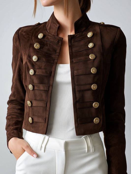 Vintage Military-Style Cropped Suede Jacket With Gold Buttons