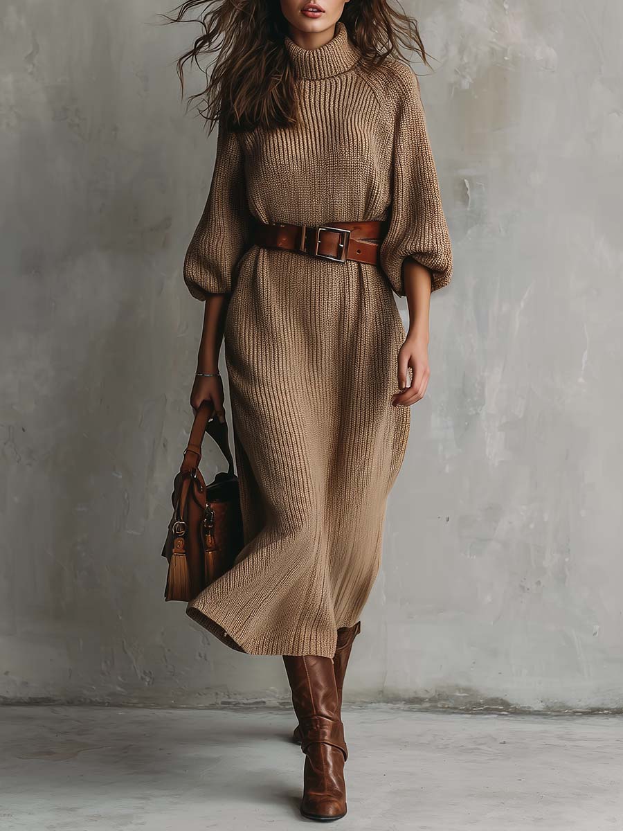 Vintage Camel Knit Turtleneck Midi Dress