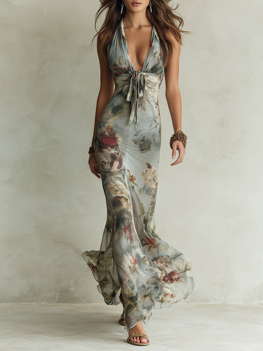 Vintage Floral Print Halter Neck Fishtail Chiffon Maxi Dress