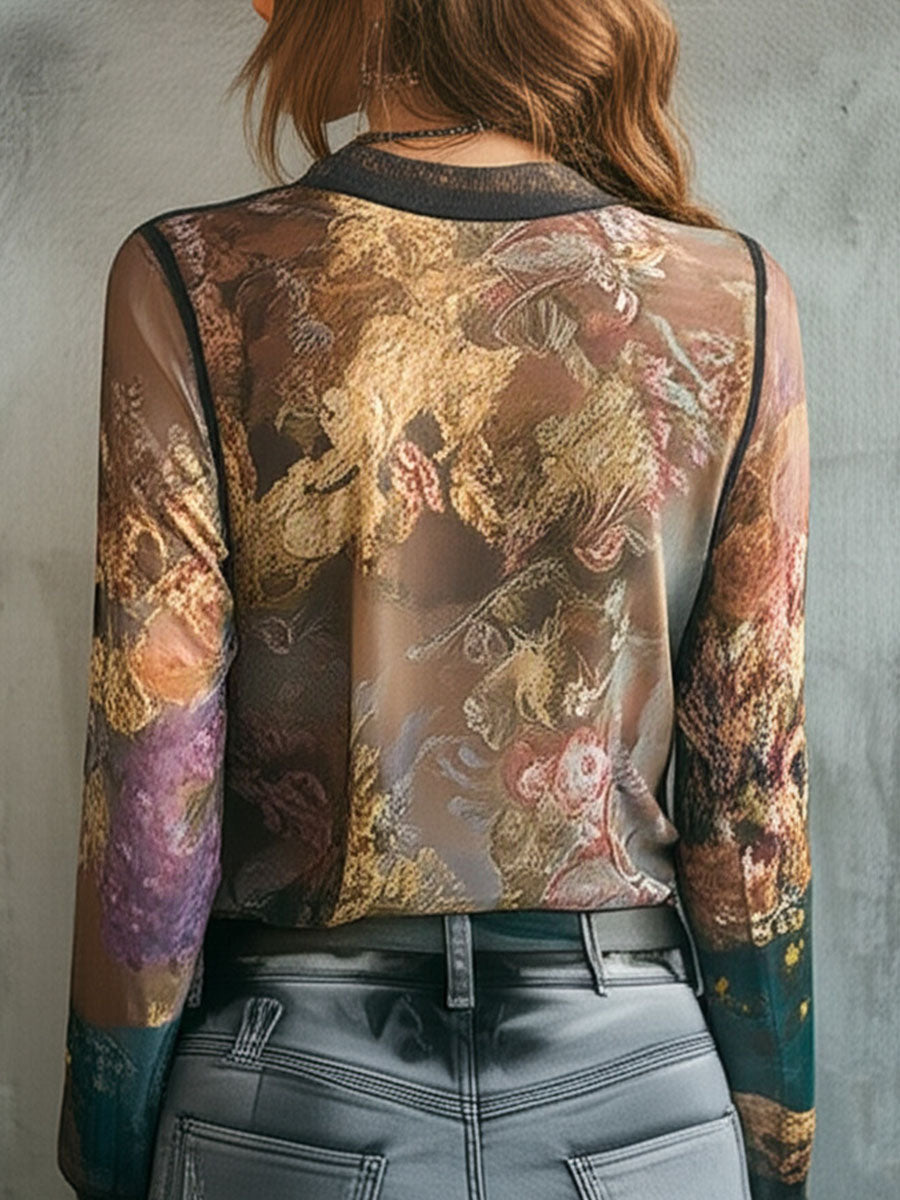 V Neck Lace Trim Floral Boho Patchwork Blouse
