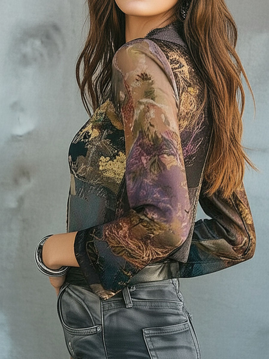 V Neck Lace Trim Floral Boho Patchwork Blouse