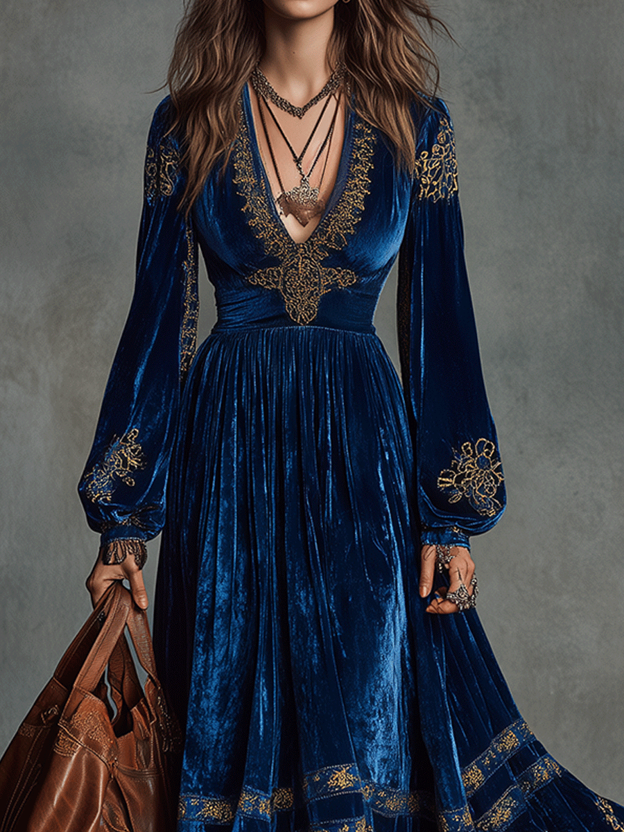 Vintage Bohemian Sapphire Velvet Maxi Dress