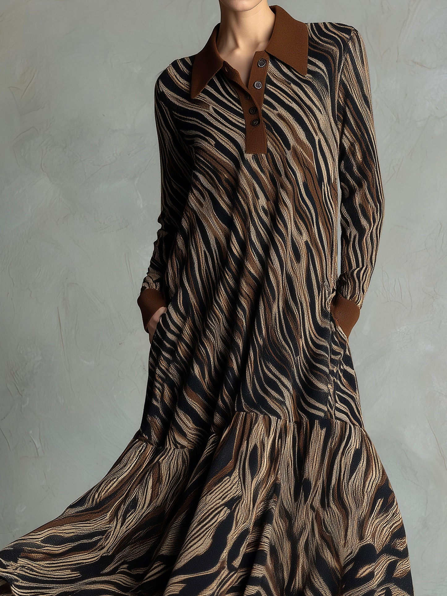 Zebra Print Maxi Dress – Long Sleeve Flowy Polo Dress With Button Front And Brown Collar