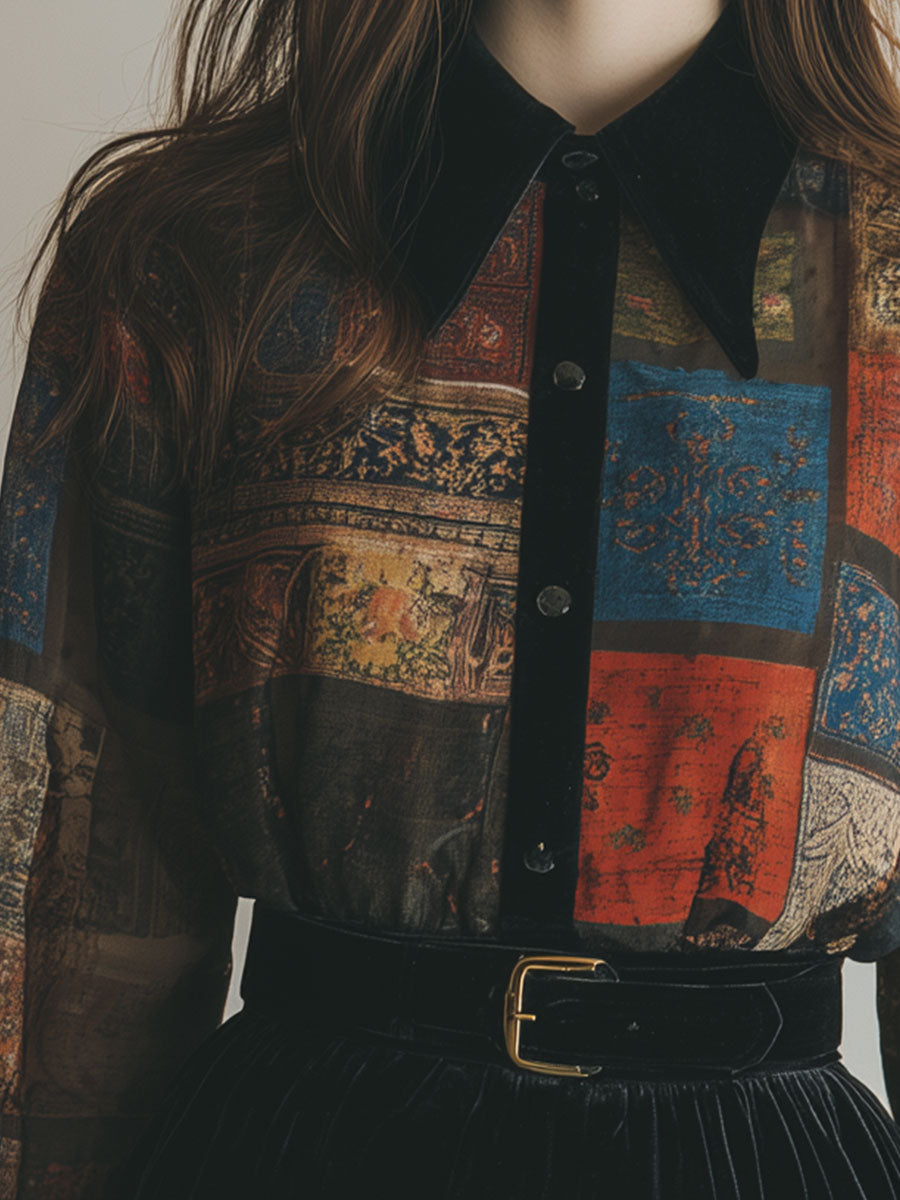 Retro Printed Velvet Patchwork Chiffon Balloon Sleeve Blouse