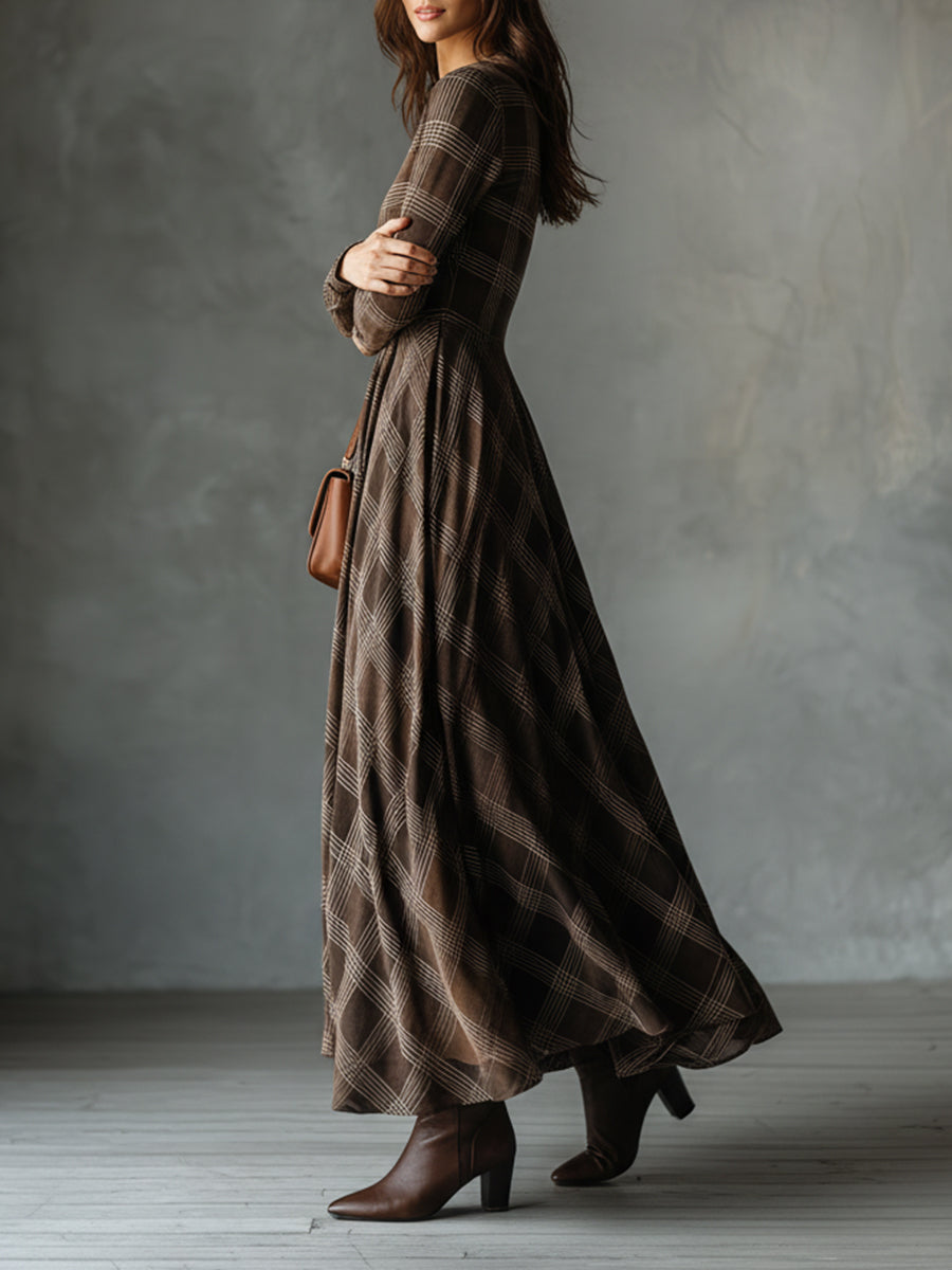 Bohemian Round Neck Plaid Brushed Material Maxi Dress