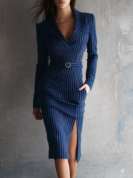 Elegant Striped Slim Fit Hem Slit Midi Dress With Belt