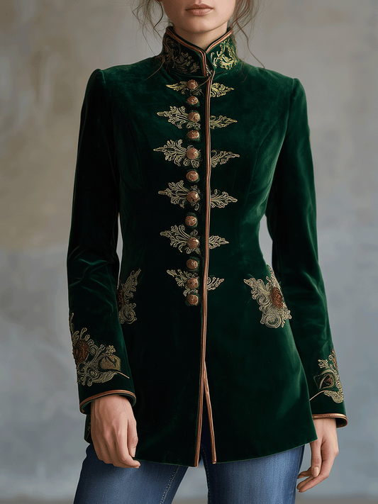 Vintage Green Velvet Mandarin Embroidered Collar Jacket