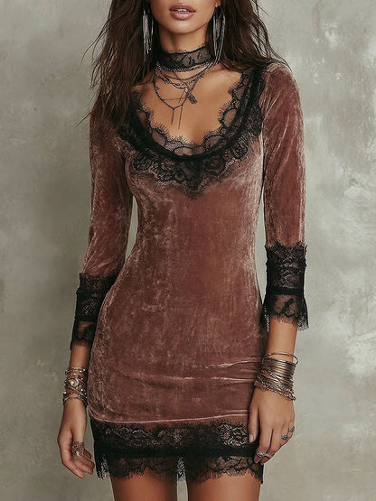 Vintage-style Lace Trim Velvet Fitted Mini Dress