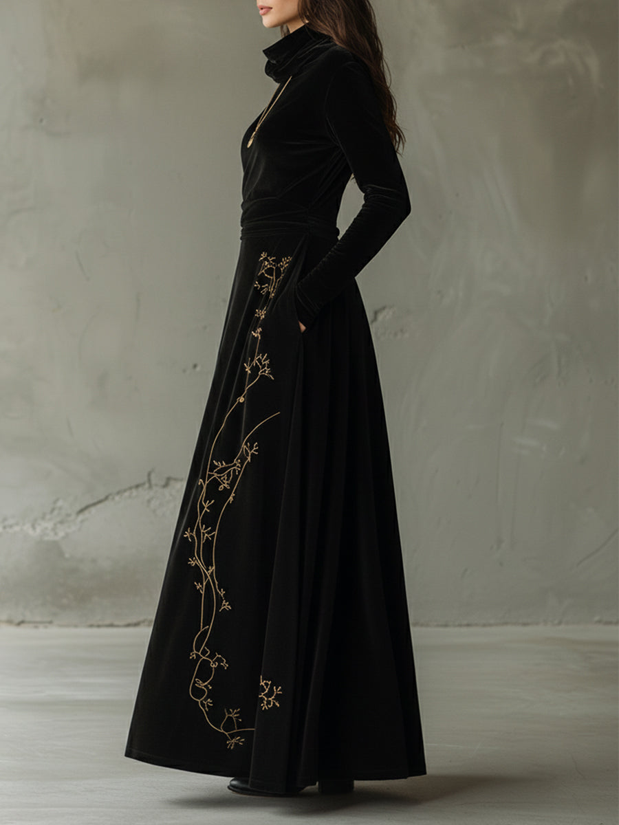 Pile Collar Polyester Velvet Embroidered A Line Maxi Dress
