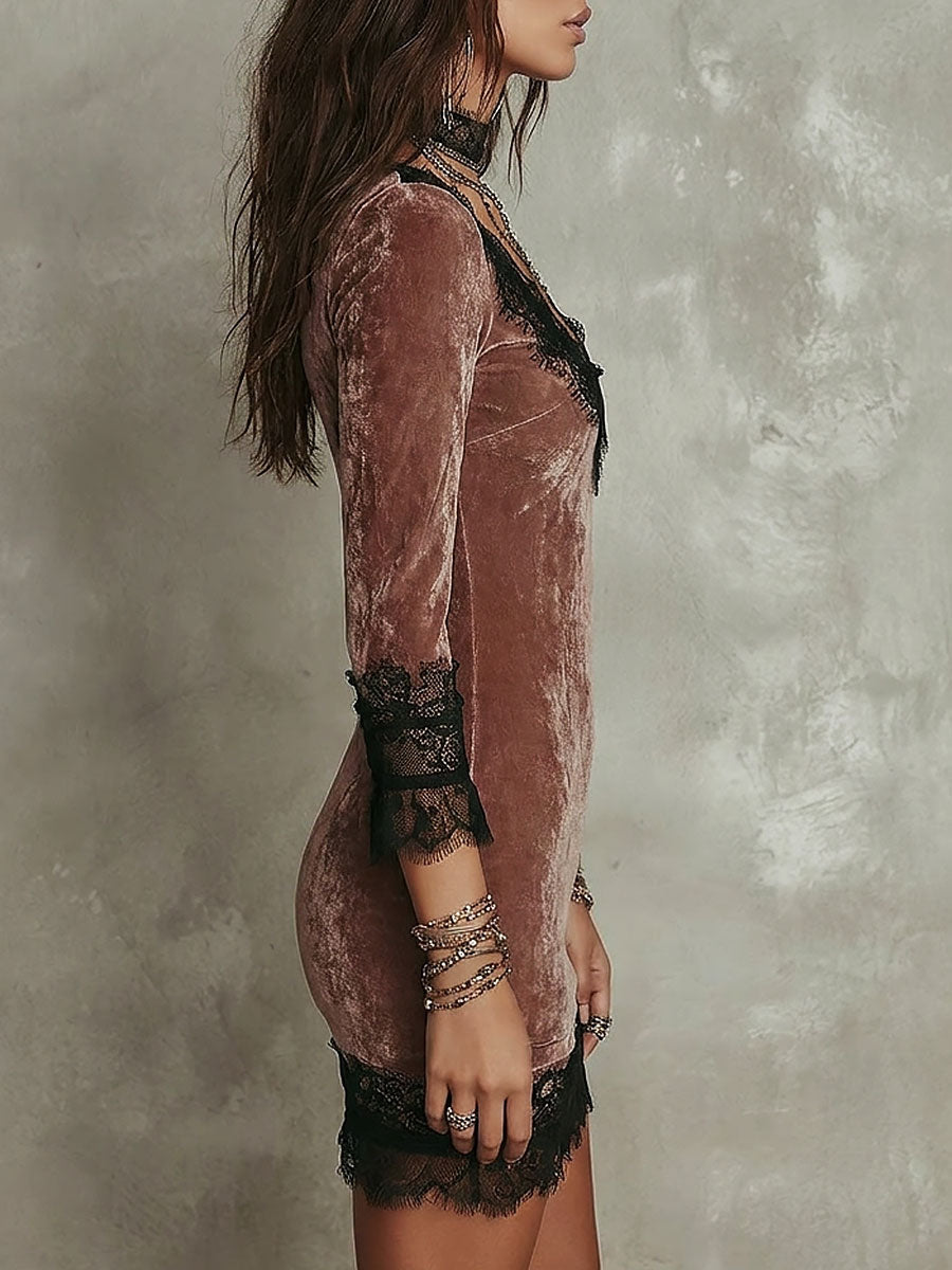 Vintage-style Lace Trim Velvet Fitted Mini Dress
