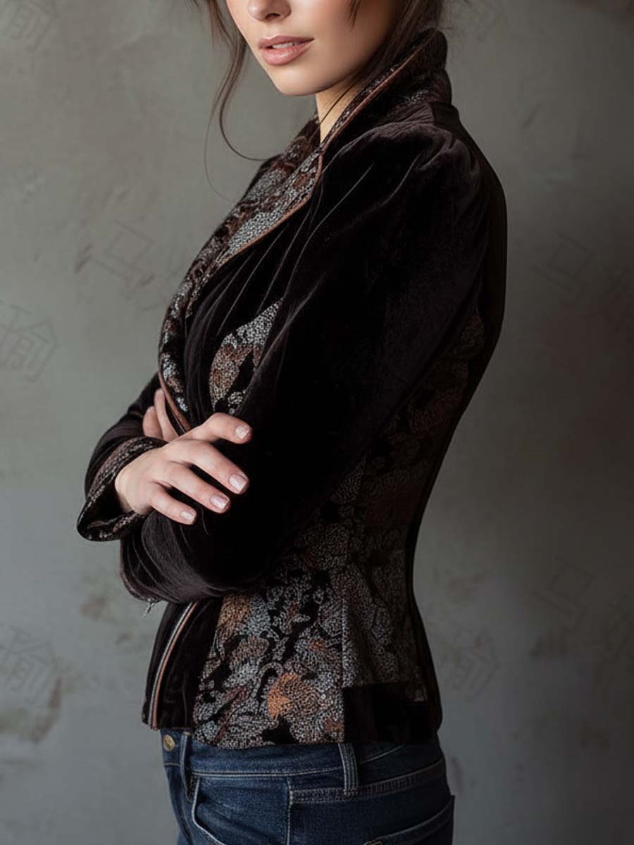 Vintage Floral Printed Velvet Jacket – Midnight Baroque Elegance