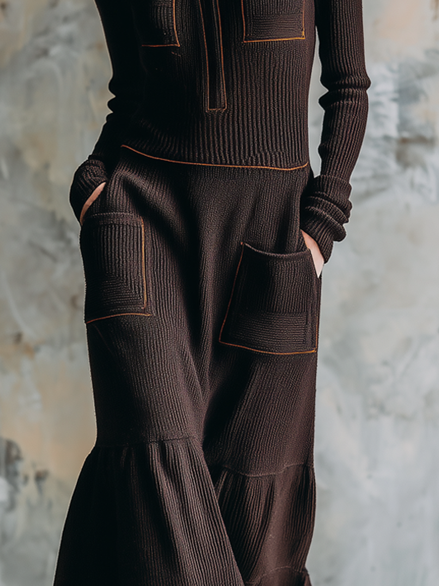 Retro Zipper Contrast Color Trim Pocket Wool Midi Dress