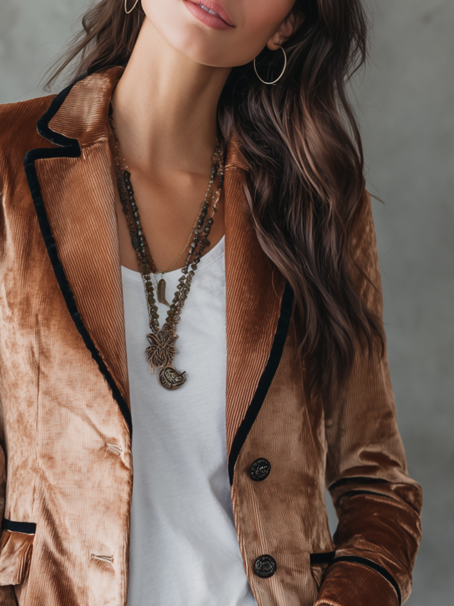 Retro Contrast Trim Velvet Blazer