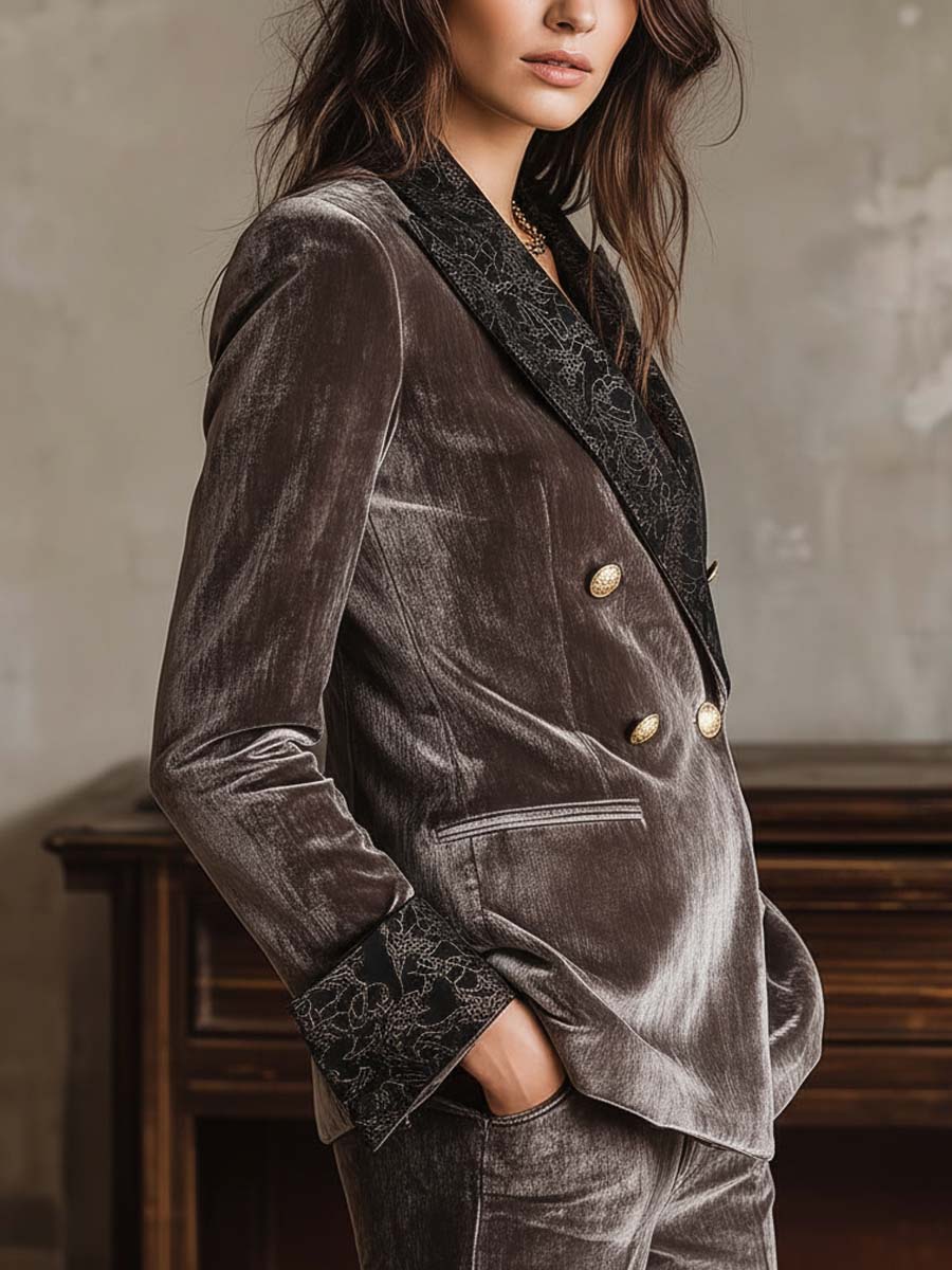Velvet Blazer With Printed Lapel And Cuffs – Smoky Taupe