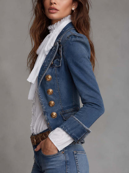 Western Vintage Double Breasted Gold Button Frayed Hem Cropped Denim Blazer