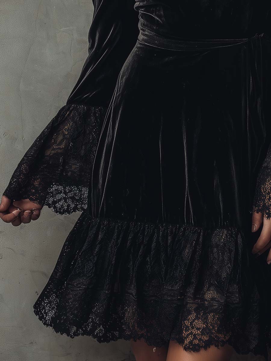 Black Velvet Lace Trim Mini Dress – Vintage Noir Elegance