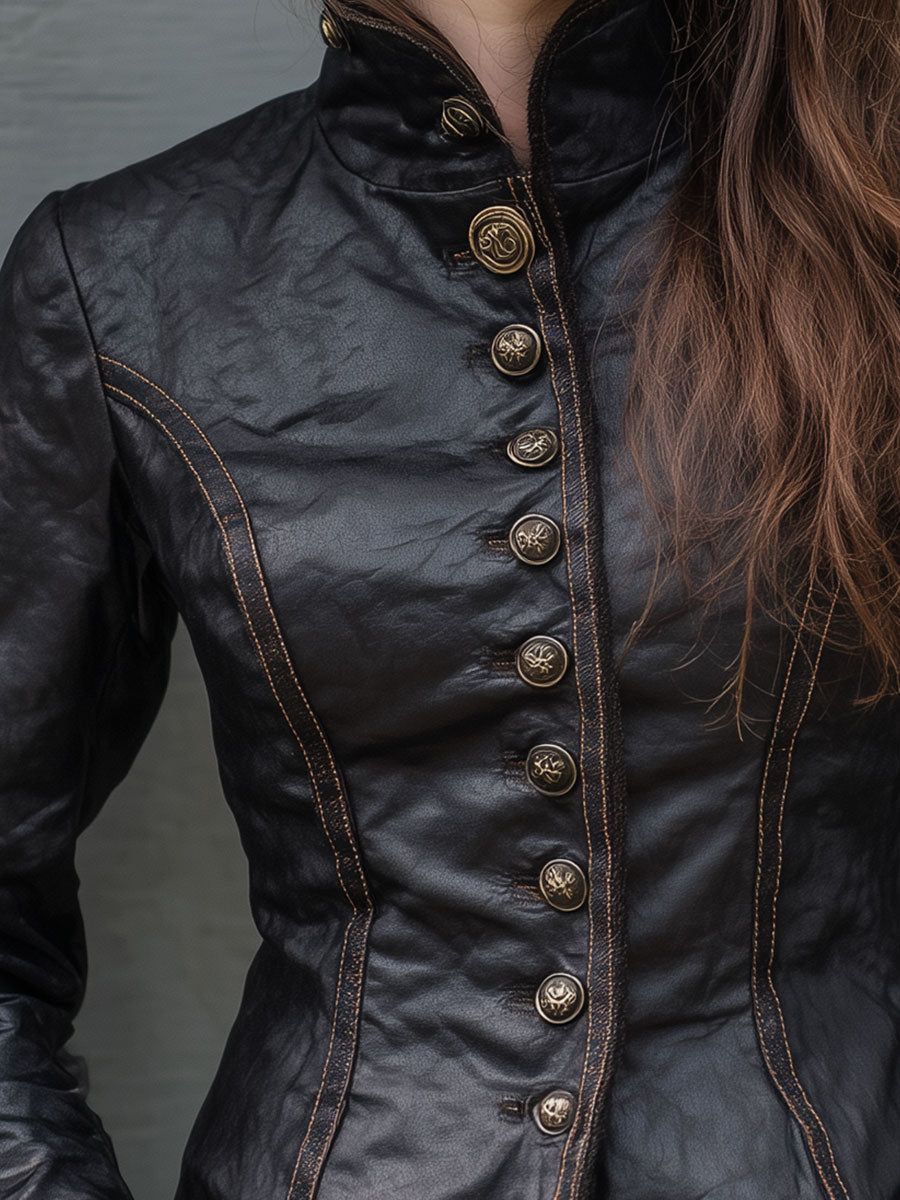 Retro Stand Collar Metal Button Pu Jacket