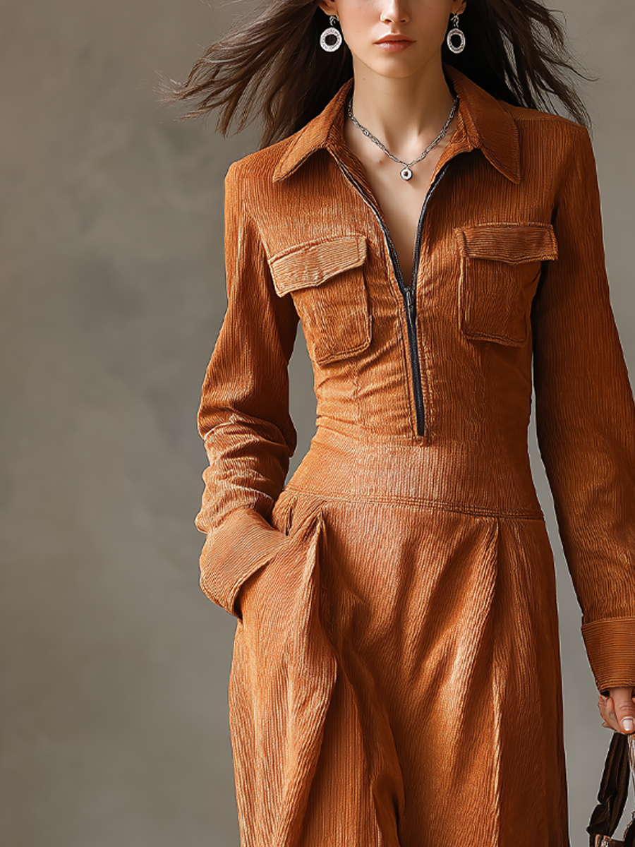Retro Zipper Collar Pocket Midi Dress